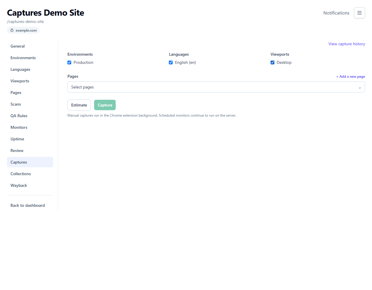 Capture builder: environments, languages, viewports, and page selection