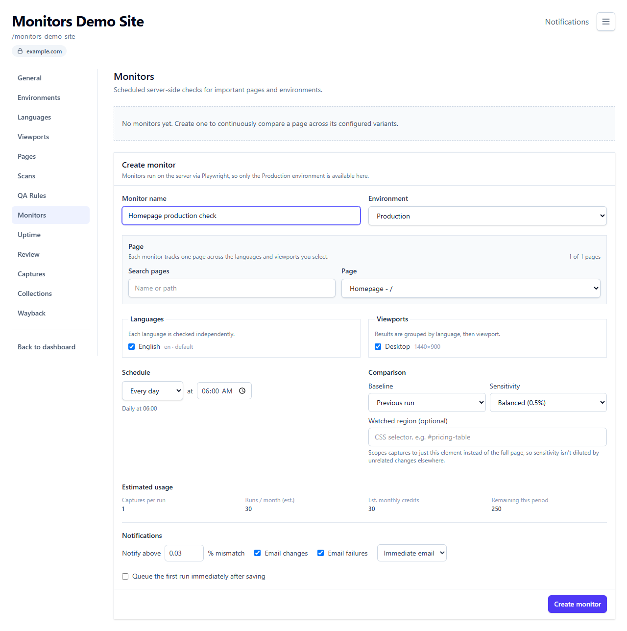 Create monitor form: name, environment, page, languages, viewports