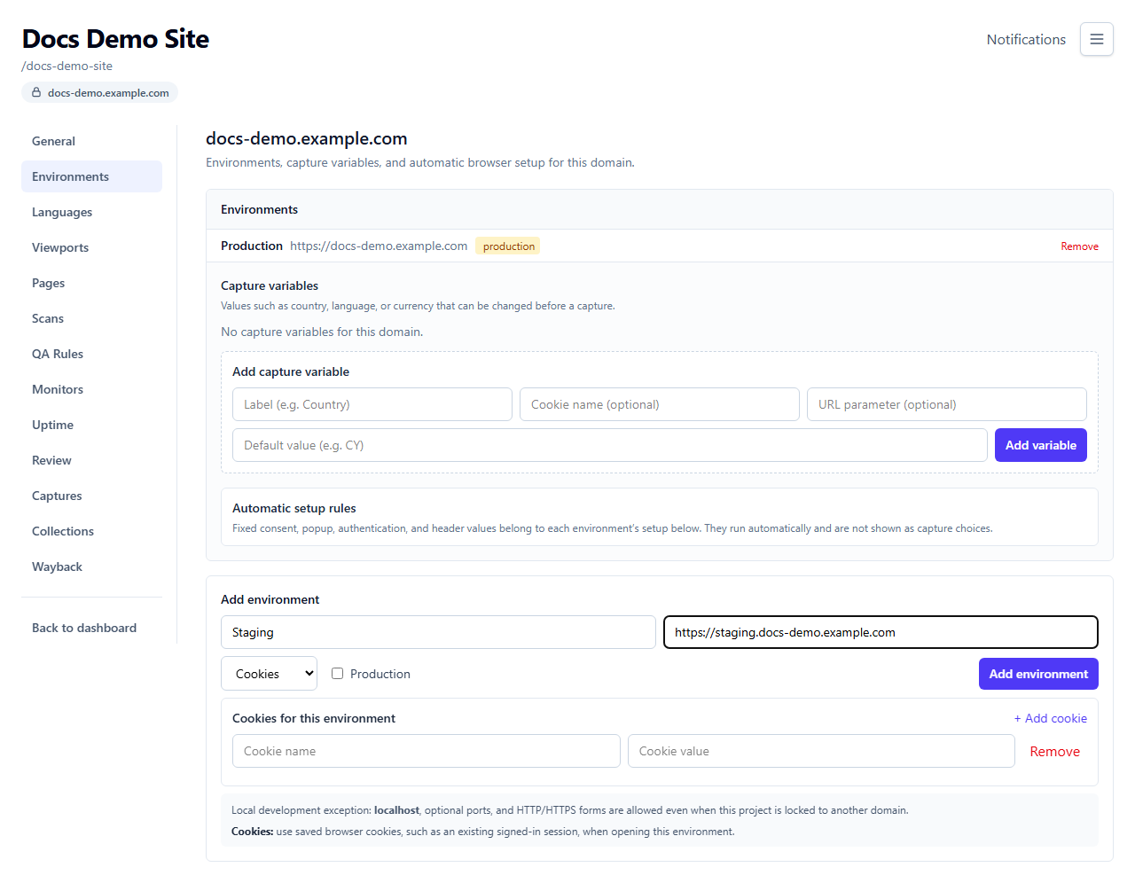 Environment with cookies auth mode expanded
