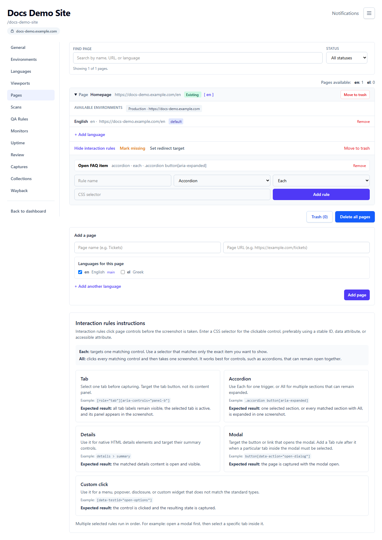 Interaction rules panel expanded on a page