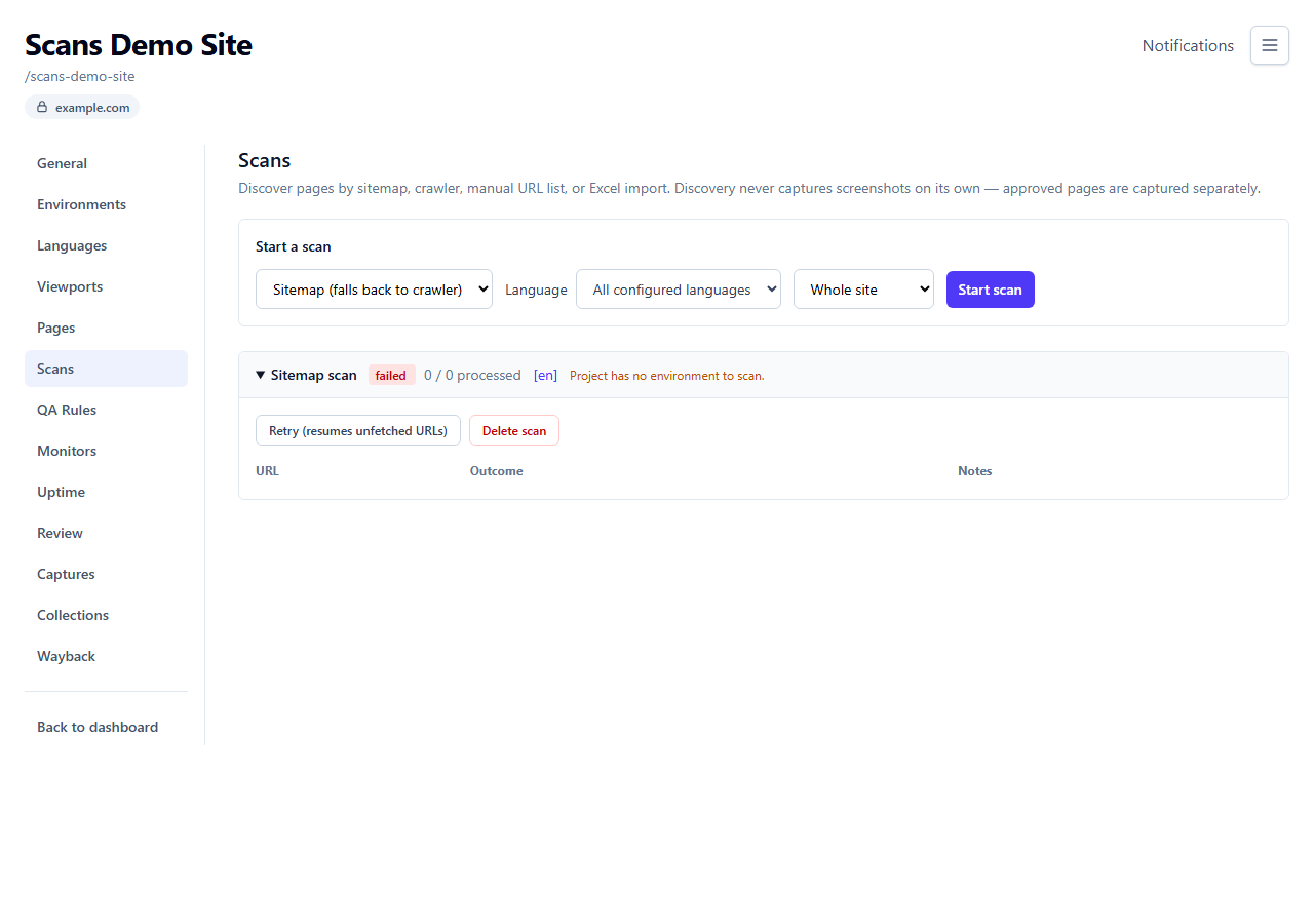 A scan in the list, expanded to show its per-page results and status