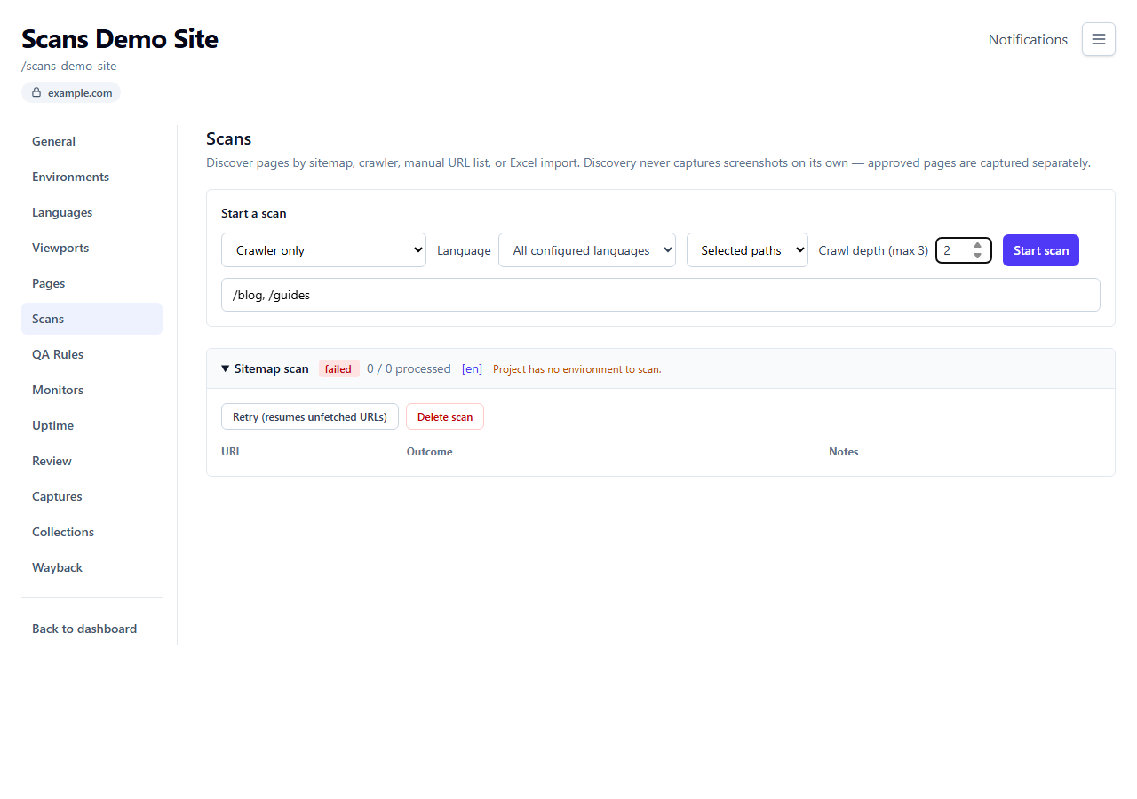 Crawler scan form with selected-paths scope and crawl depth